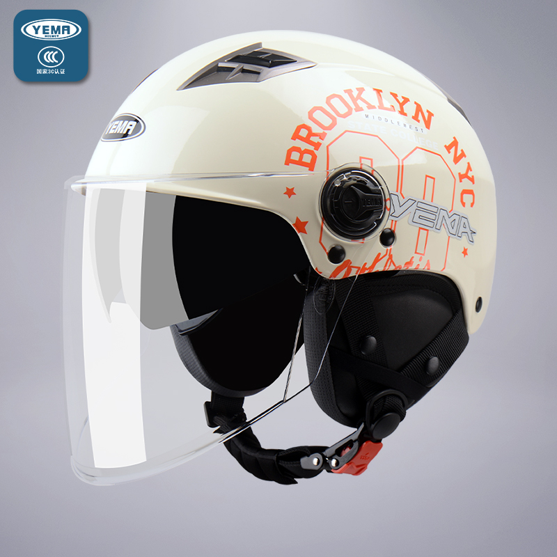 野马3C认证电动摩托车头盔女四季通用半盔女冬季保暖双镜片安全帽