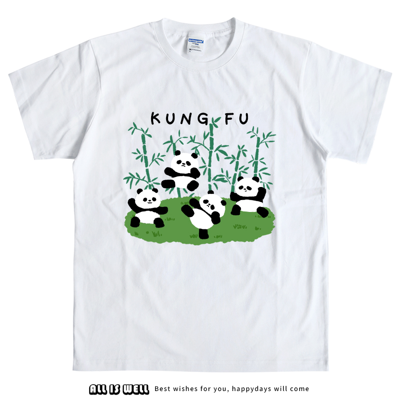 功夫熊猫图案短袖T恤创意趣味原创手绘文艺小众设计感国潮棉男女L