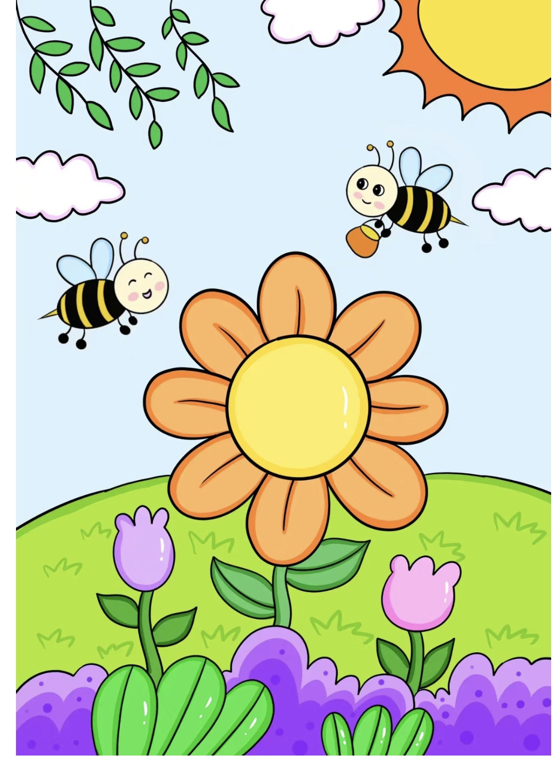 草丛中花儿朵朵向日葵简笔画主题画儿童绘画模板电子版小学生手抄