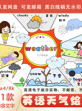 认识天气英语儿童画电子模板a3a4幼儿园weather天气绘画半成品8k