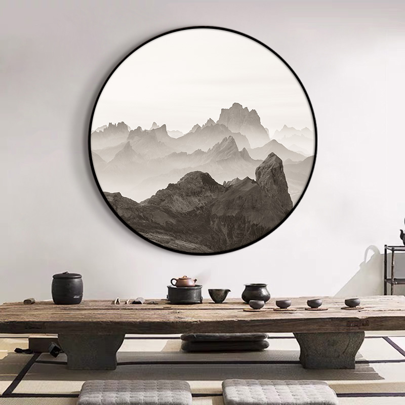 禅意新中式挂画圆形客厅沙发背景墙壁画山水风景靠山图玄关装饰画