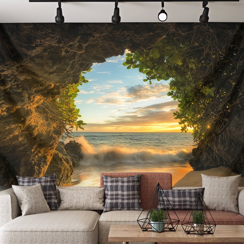 简约风3D立体山洞背景布大自然卧室酒店餐厅装饰挂布海滩风景挂毯