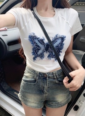 【机车辣妹风】2024夏季新款蝴蝶露脐短款T恤女小众设计正肩短袖