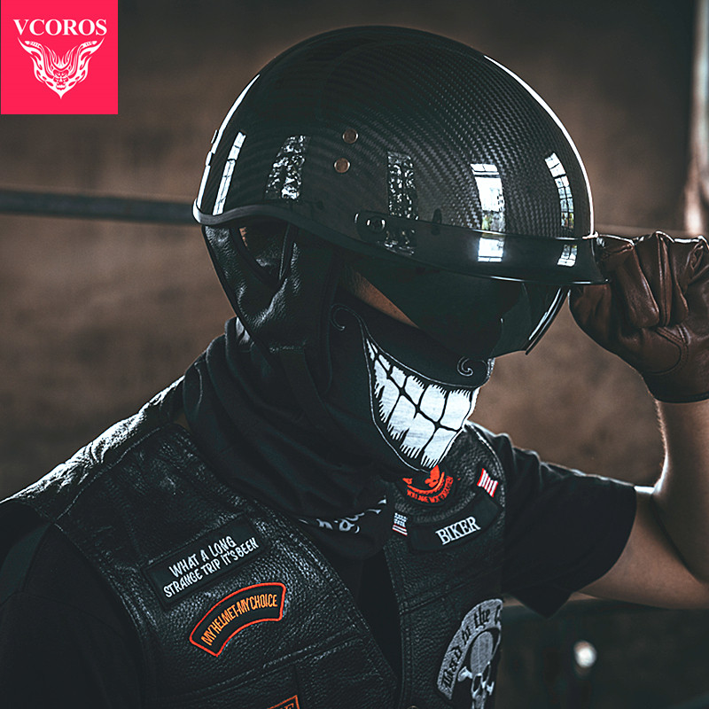 VCOROS复古半盔摩托车碳纤维头盔男女夏季个性机车哈雷瓢盔3c认证