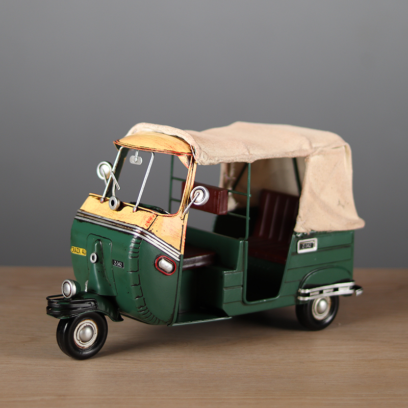 复古东南亚印度tuktuk出租车三轮摩托车模型怀旧汽车橱窗装饰摆件