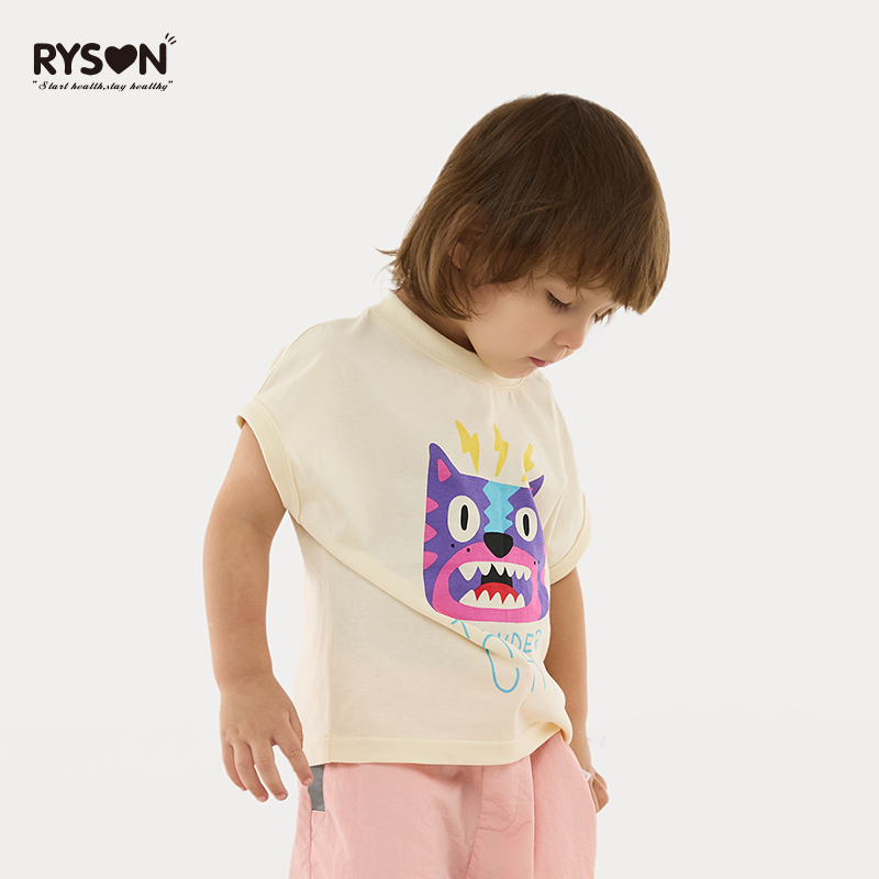 RYSON童装夏季新款男女宝米白色卡通雷电猫宽松凉感背心三分袖T恤