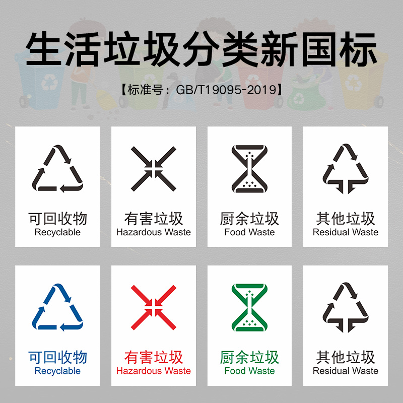 新国标垃圾分类标志 垃圾分类标识 垃圾分类贴纸 其他垃圾标识 易腐垃圾 可回收物 有害垃圾标识贴