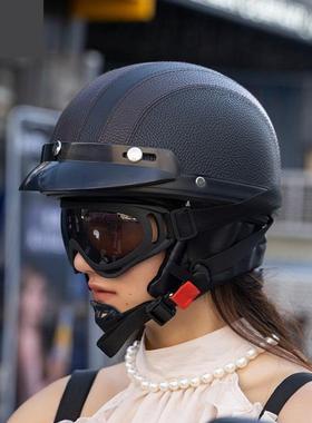 盔电瓶车安全机车男摩托车头盔女士半盔复古个性电动车哈雷瓢夏季