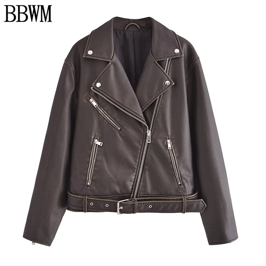 BBWM 新款 欧美女装黑色仿皮机车款夹克外套 3046222 800