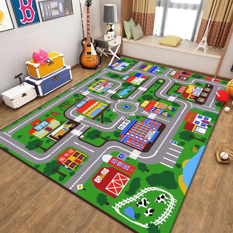 儿童地毯卡通城市交通车道轨道停车场棋盘游戏玩具垫子地垫床边毯