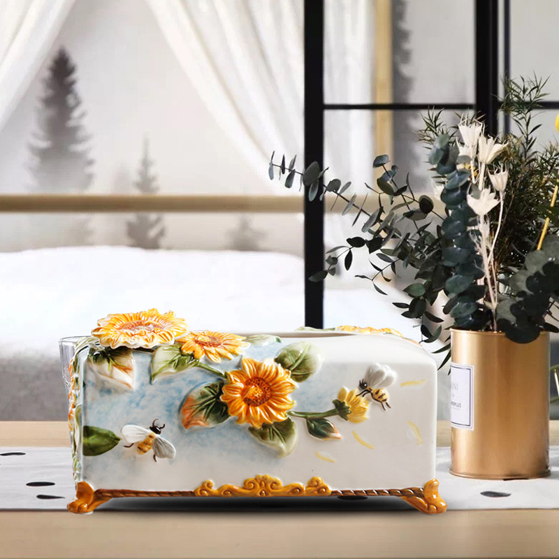 太阳花陶瓷纸巾盒向日葵图案抽纸盒高档美式装饰纸巾盒家居礼品