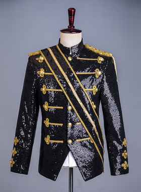 黑色亮片欧式宫廷欧洲军礼服贵族王子演出镶金外套男歌手演出上衣