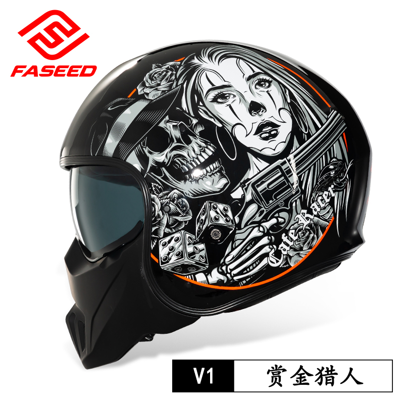 高档FASEED碳纤维复古头盔摩托车半盔哈雷机车鬼面男女全盔咖啡骑