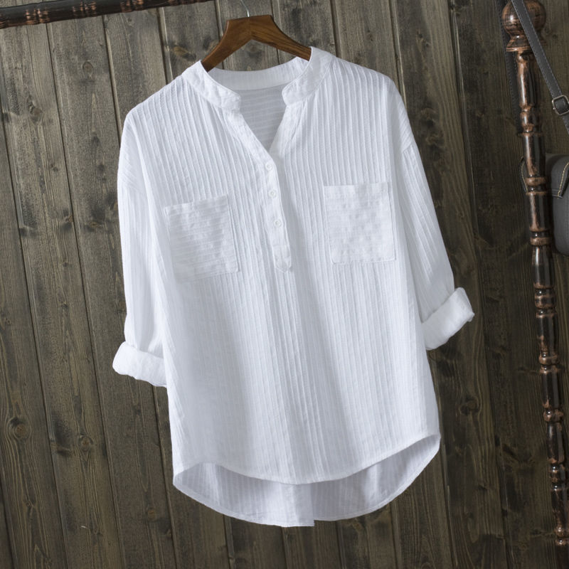 【高档】纯棉白色衬衫女长袖新款外穿宽松休闲设计感V领衬衣上衣