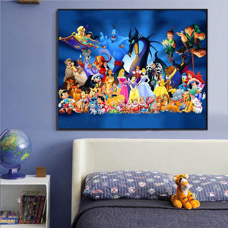 迪士尼公主人物全家福 卡通diy减压数字油画手绘儿童房卧室装饰画