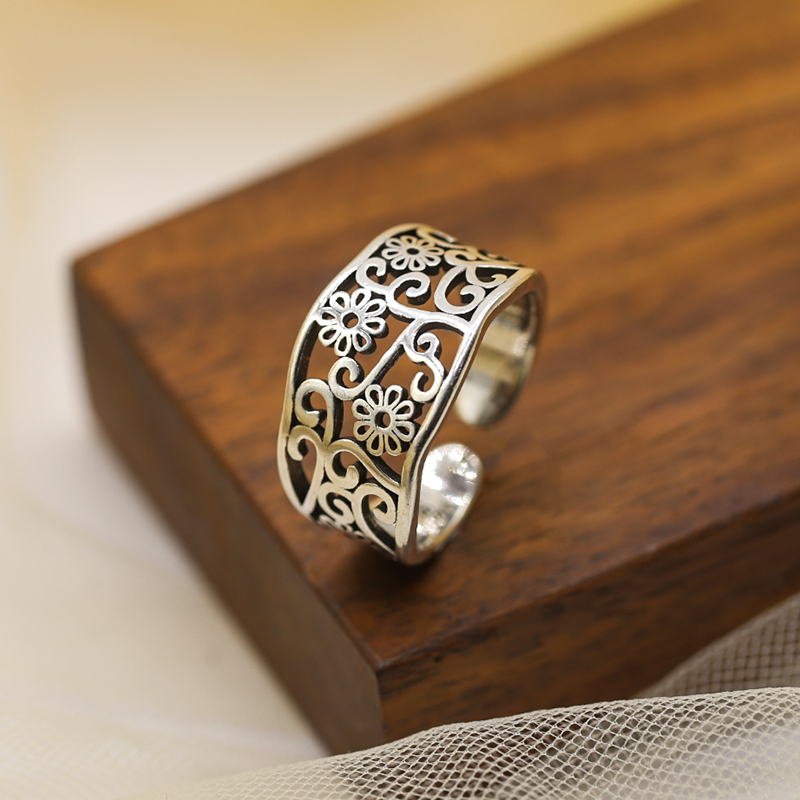 s925银开口镂空花纹戒指女复古做旧宫廷食指戒子植物花卉指环饰品
