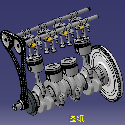 直列四缸L4发动机曲轴连杆活塞飞轮凸轮轴进排气门三维几何数模型