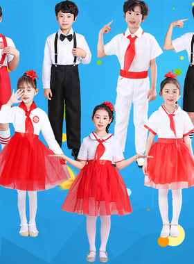 六一中小学生大合唱演出服背带裤纱裙红歌朗诵舞蹈歌唱祖国表演服