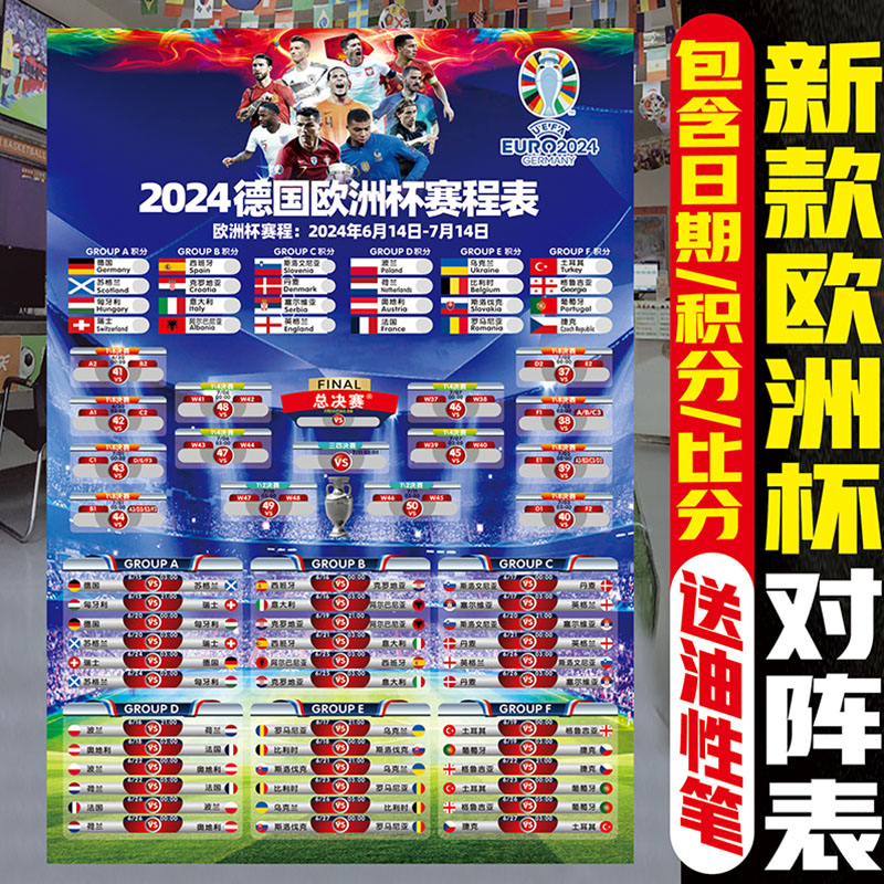 2024欧洲杯比分表对阵图竞猜赛程表足球竞彩海报体育彩票店装饰品