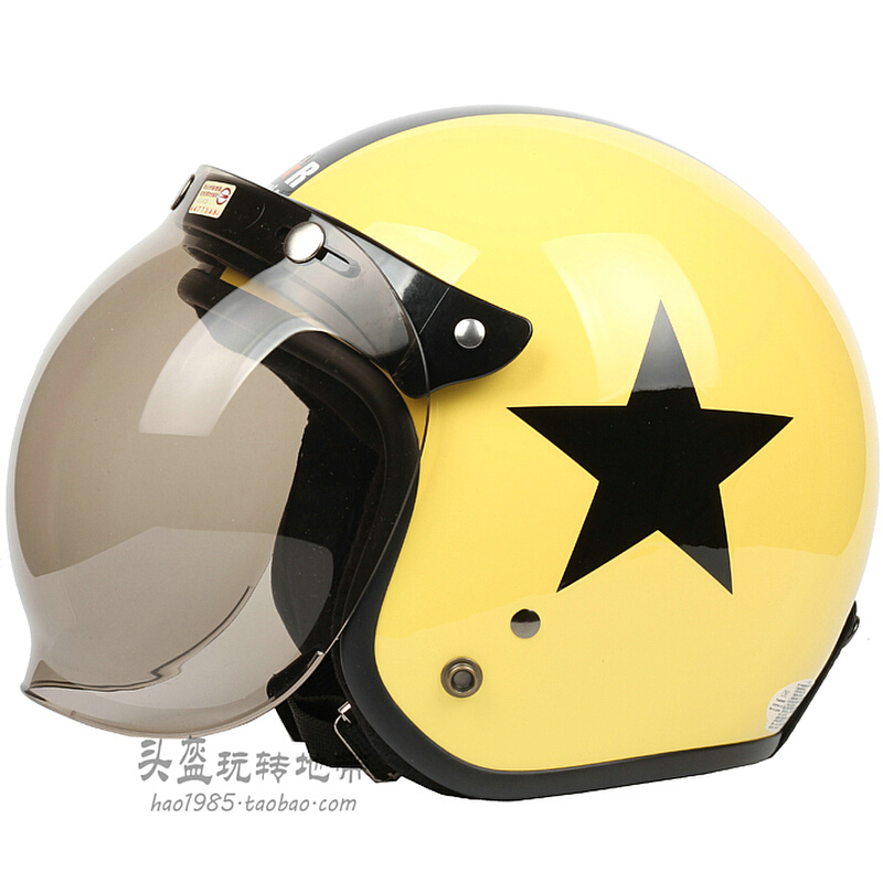 。台湾正安黄色黑星哈雷电动摩托车头盔复古男女防晒安全帽保暖冬