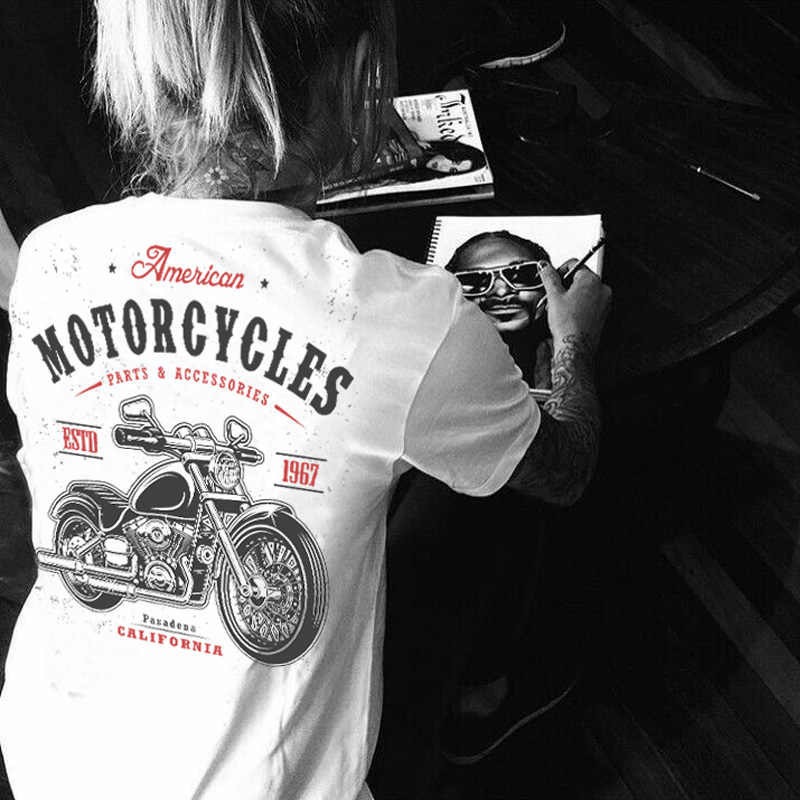 美式复古阿美咔叽潮流摩托机车图案印花短袖t恤男潮牌个性重磅tee