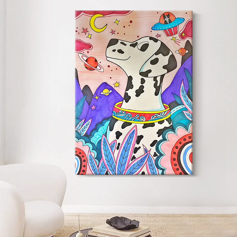 抽象艺术斑点狗手绘油画客厅卡通可爱动物装饰壁画多巴胺玄关挂画