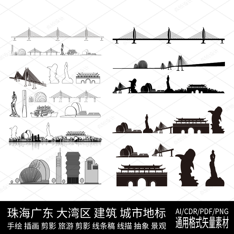 珠海广东大湾区代表建筑地标城市剪影素材手绘插画景观线条描稿图