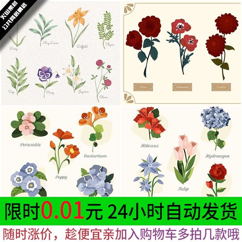 手绘卡通水彩植物花卉花朵玫瑰鲜花包装贺卡装饰插画AI矢量素材图