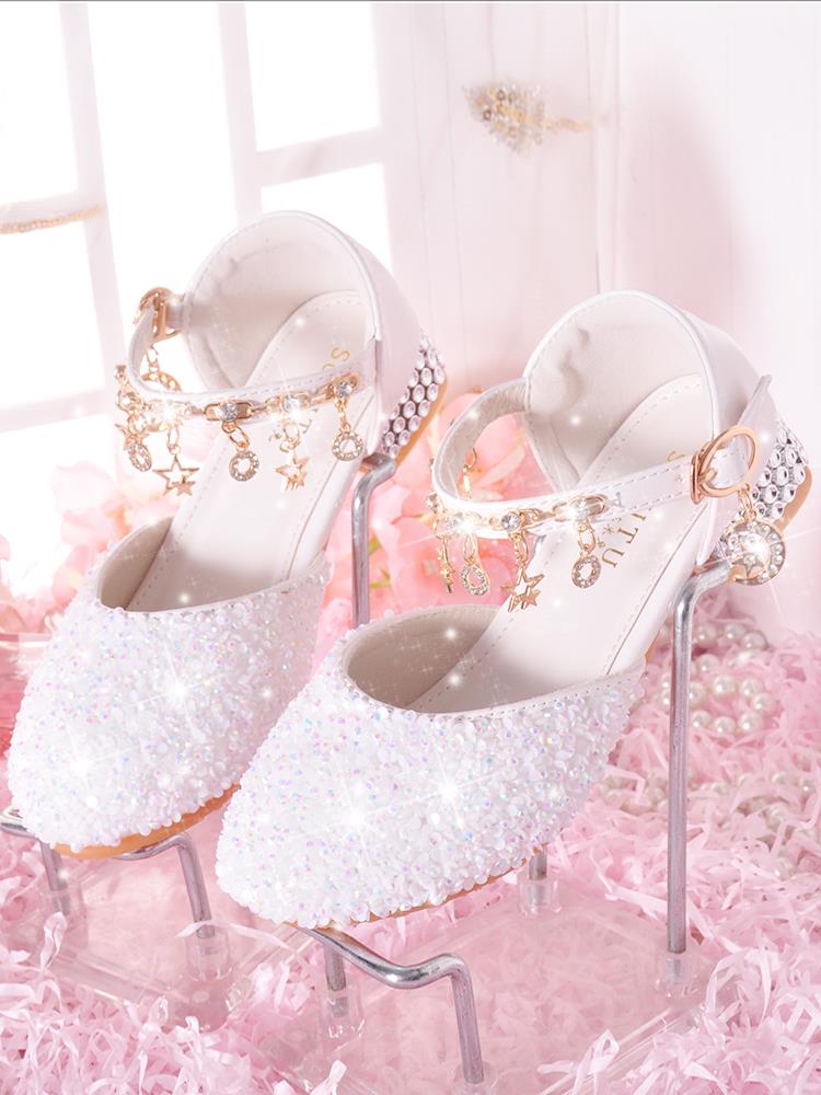 女童晚礼服鞋子包头女孩主持人水晶鞋公主白色婚纱儿童女生高跟鞋