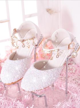 女童晚礼服鞋子包头女孩主持人水晶鞋公主白色婚纱儿童女生高跟鞋