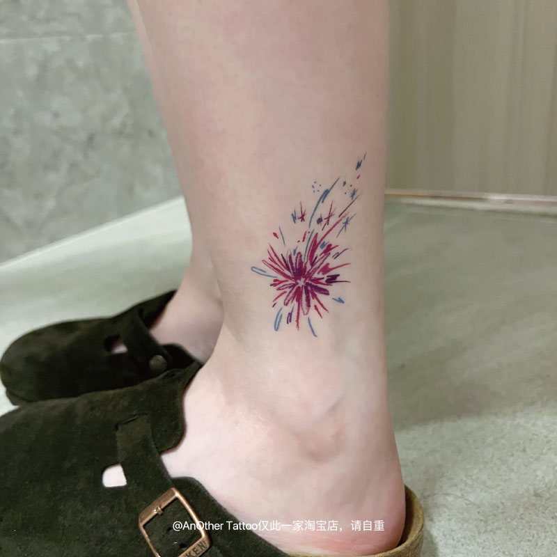 AnOther Tattoo手绘蜡笔风ins紫色烟花脚踝纹身贴买一送一防水