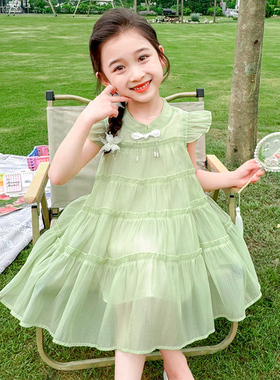 女童国风连衣裙夏季2024新款小女孩网红飞袖公主裙宝宝甜美蛋糕裙