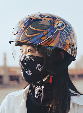 复古摩托车头盔夏季男女内镜半盔骑行瓢盔踏板电动机车飘盔安全帽
