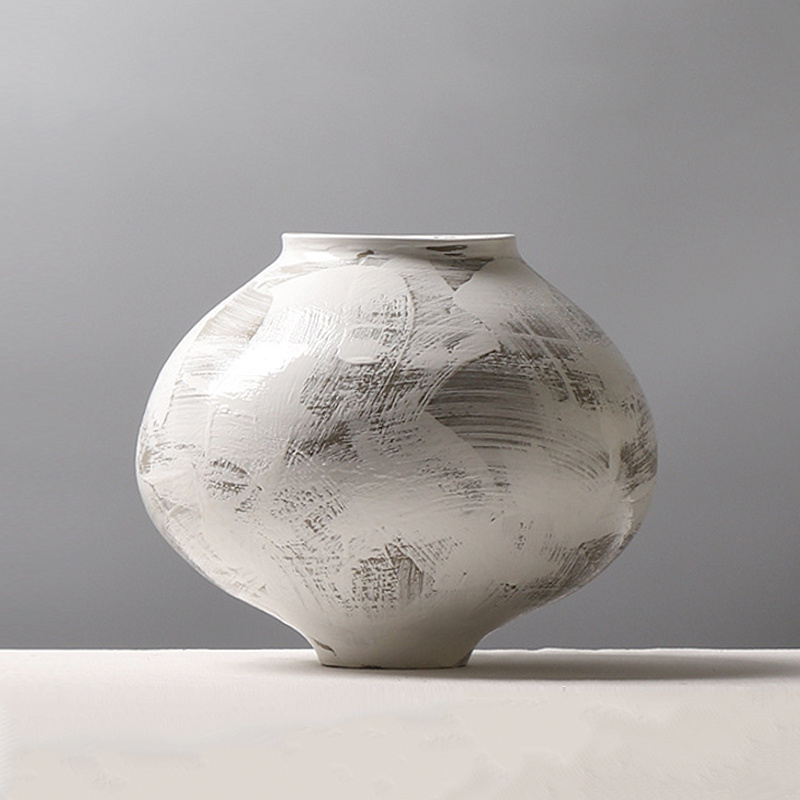 现代简约中式禅意手绘艺术扫画纹白色釉陶大号陶罐花瓶装饰品摆件