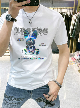 带有兔子图案短袖t恤男潮流韩版修身百搭字母印花半截袖上衣体恤
