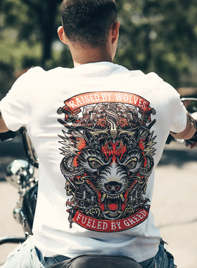 欧美重机车t恤男复古摇滚乐队朋克短袖摩托俱乐部狼图腾背后图案