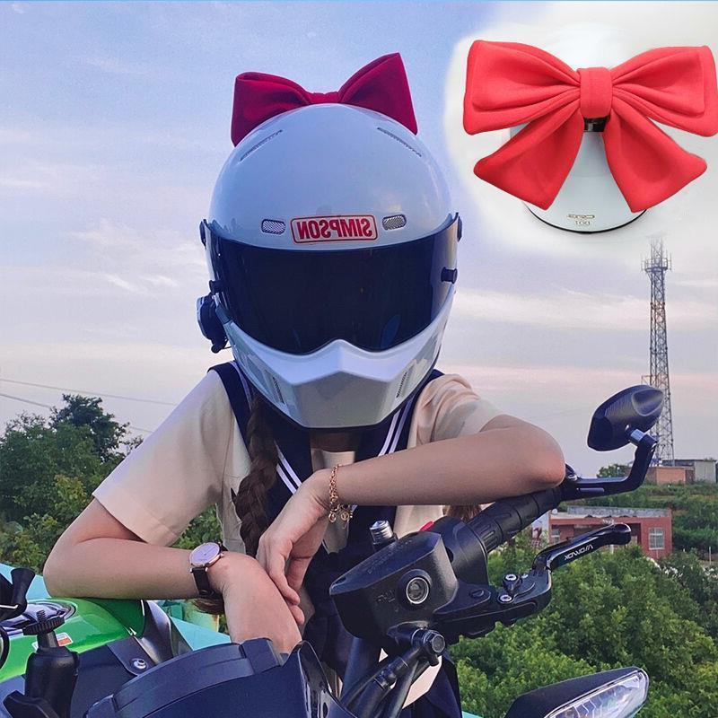 网红超大蝴蝶结头盔装饰品红色黑色机车摩托滑雪毛绒猫耳朵