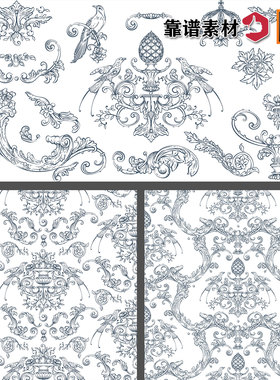 素雅蓝色古典欧式花鸟花纹花边底纹印花图案AI矢量设计素材