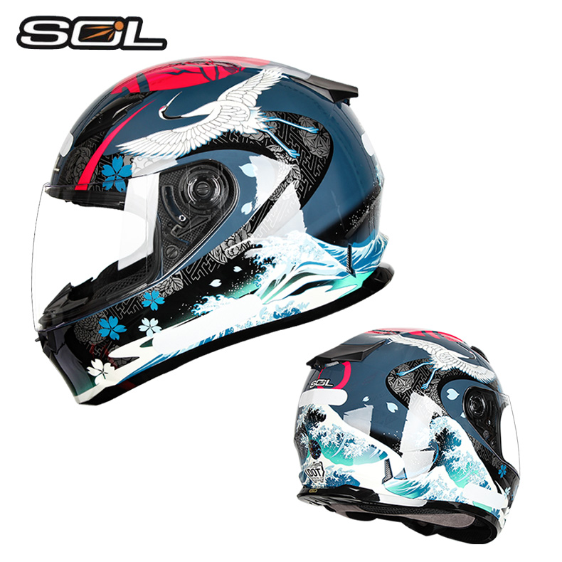 新款SOL摩托车头盔女全覆式夏季全盔男跑赛车安全机车独角兽LED灯