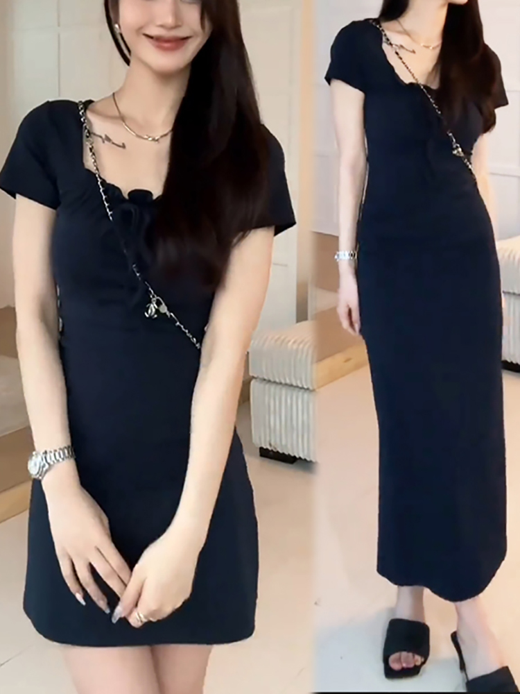 【纯棉罗纹】新款时尚显瘦气质高腰设计感短款藏蓝色裙子
