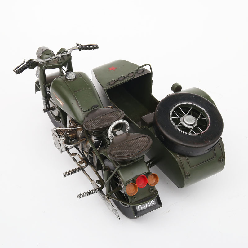 视频背景装饰艺术礼品摆件比例金属模型绿色侧边三轮摩托车影道具