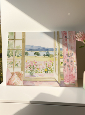 布纸有爱 夏末花园 卧室植物花卉粉色挂画小清新风景水彩桌面摆画