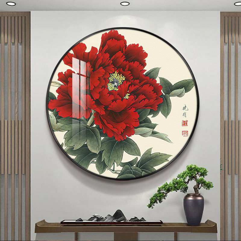 新中式圆形花开富贵玄关装饰画现代简约牡丹餐厅背景墙壁过道挂画