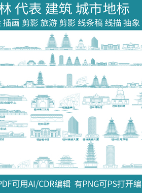 桂林广西建筑地标志城市天际线条描稿手绘旅游景点插画剪影素材