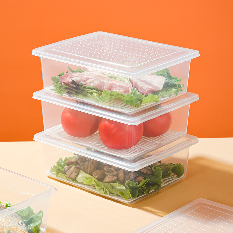 带沥水隔板冰箱冷藏盒可立式蔬菜水果洗菜篮带盖透明PP塑料 米木