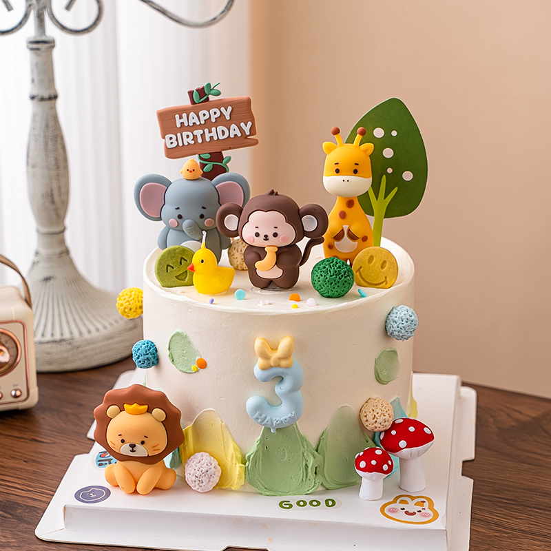 卡通软胶小动物儿童宝宝周岁生日蛋糕装饰大象长颈鹿狮子猴子摆件