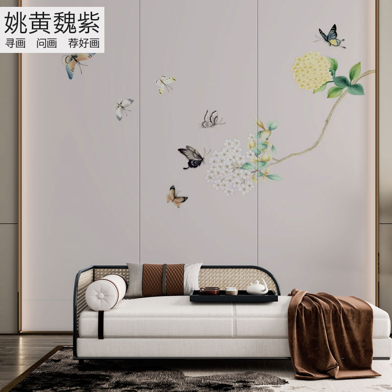 刺绣墙布奶咖美式风简美简单的花鸟蝴蝶树叶子留白美容院瑜伽壁布