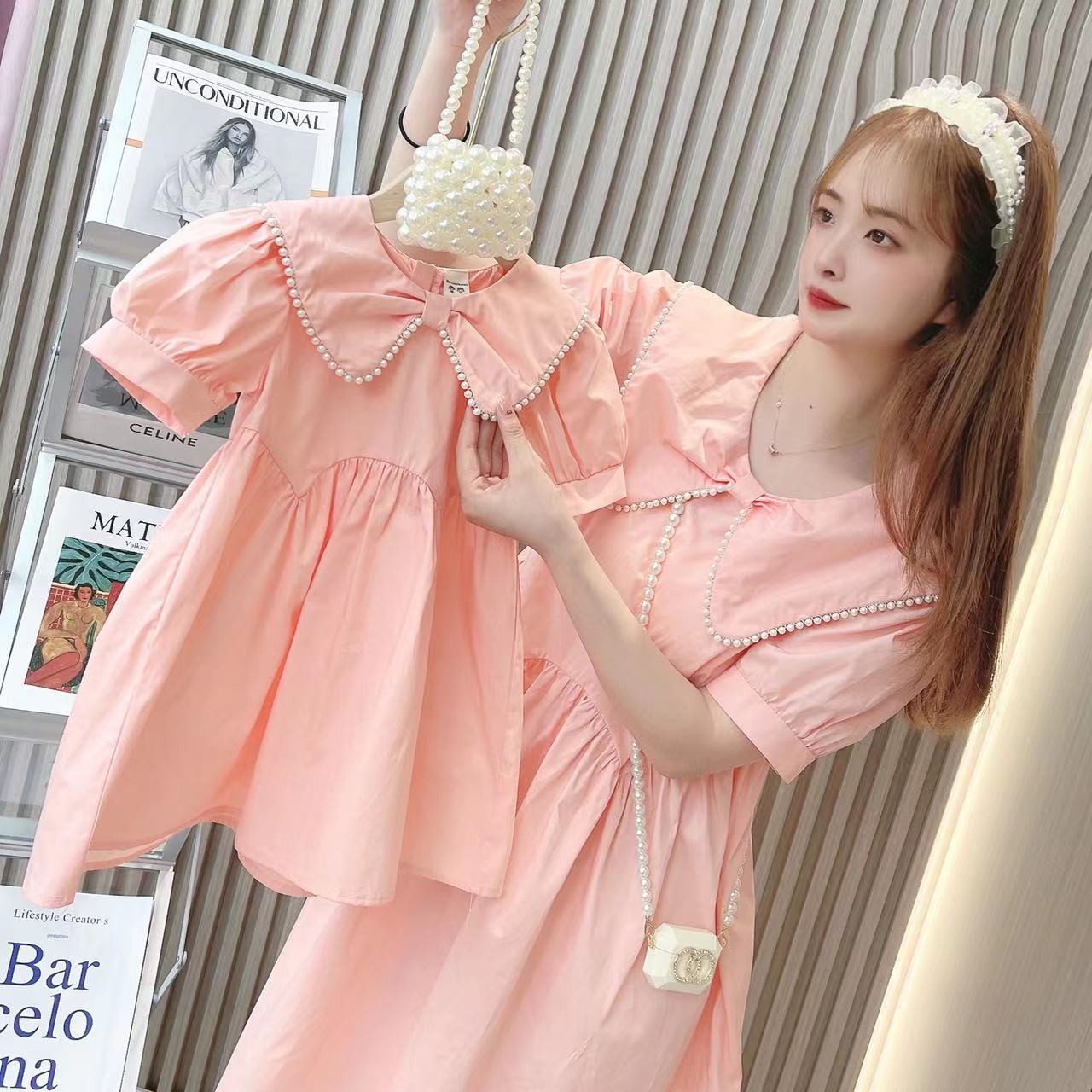 儿童亲子母女装连衣裙2023夏季新款中小女童韩版珍珠纯色公主裙子