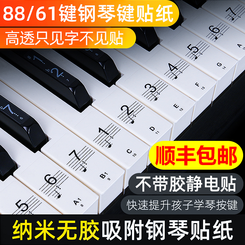88/61/54键儿童成人钢琴电子琴键盘贴纸无胶透明贴五线谱简谱自学