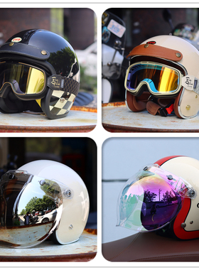 EVO台湾复古头盔哈雷摩托车骑行带镜片3/4半盔踏板男女电动车头盔